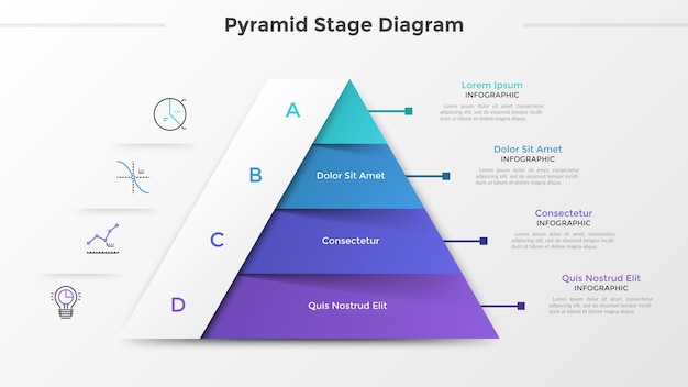 Vetor gráfico triangular ou diagrama de pirâmide dividido em 4 partes ou níveis, ícones lineares e local para texto. conceito de quatro etapas de desenvolvimento do projeto. modelo de design do infográfico. ilustração vetorial.