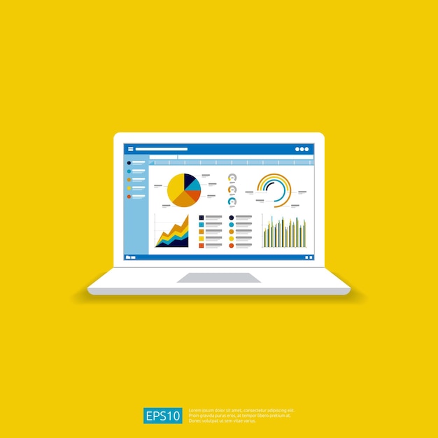 Vetor gráficos analíticos de estatísticas da web no ícone da tela do laptop gráficos de tendência infográfico vetor plano conceito de relatório de informações para planejamento e análise contábil ilustração de marketing de gerenciamento de auditoria