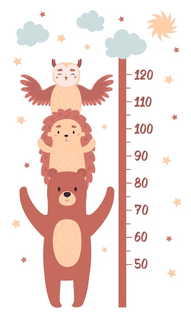 Gráficos de altura para design de quartos infantis. medidor de crescimento infantil com animais engraçados: urso, ouriço, coruja. ilustração vetorial no estilo cartoon plana