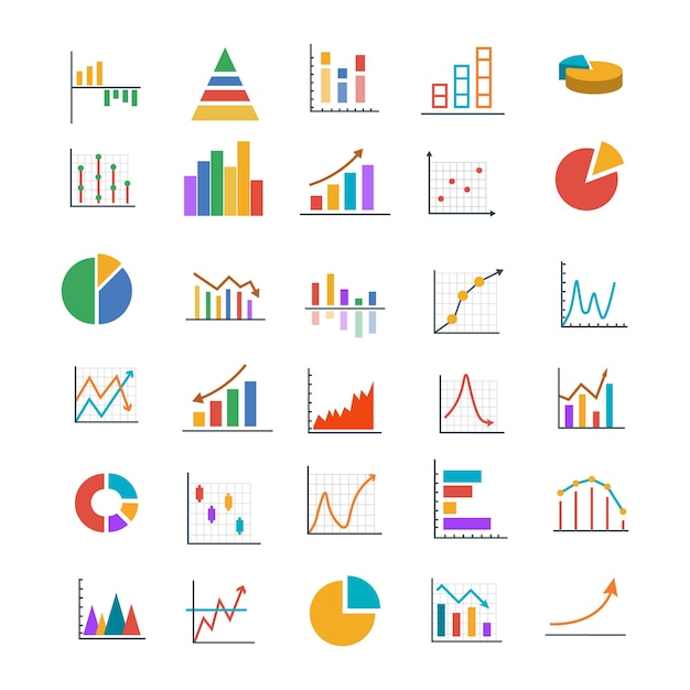 Gráficos de negócios coloridos e ícones de gráficos Ícones de infográficos de gráficos financeiros