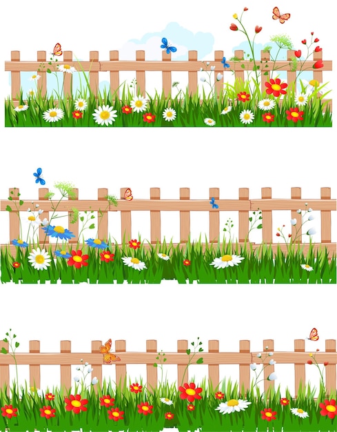 Grama e flores de verão com cercas
