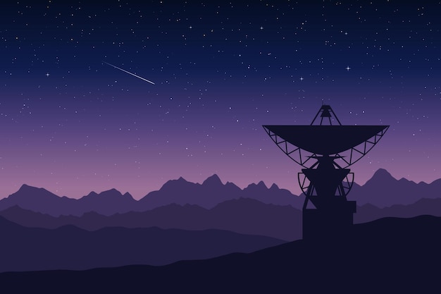 Grande antena de um radiotelescópio nas montanhas à noite observatório pesquisa ilustração vetorial