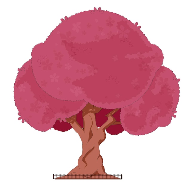 Grande árvore com uma copa exuberante e lindas folhas, cor rosa, ilustração vetorial, grandes raízes