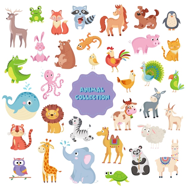 Grande coleção de animais vetores bonitos em fundo branco