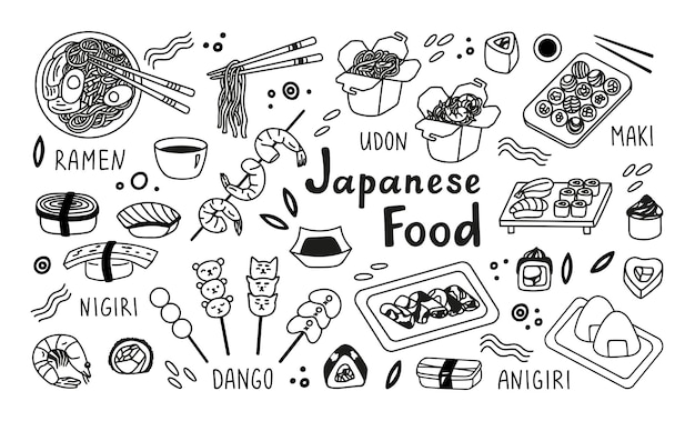 Grande coleção de comida japonesa em estilo doodle desenhado à mão comida asiática para menu de restaurantes