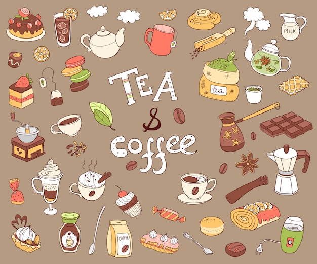 Grande coleção de doodle tae e café.