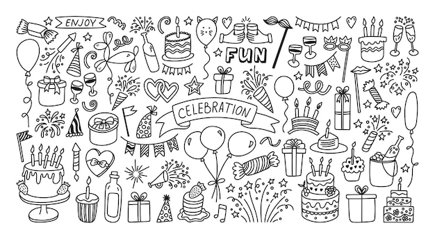 Grande coleção de doodles de celebração Clipart de festa desenhado à mão para aniversário ou feriado