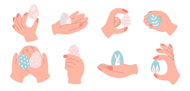 Grande coleção de mãos segurando ovos de páscoa ilustração vetorial plana