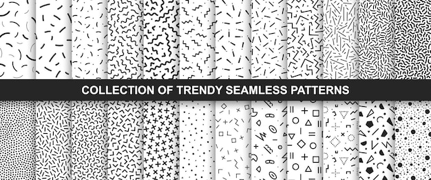 Grande coleção de padrões vetoriais sem costura de Memphis Design de moda 8090s Texturas em preto e branco