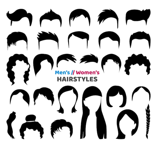 Vetor grande coleção de silhuetas de cabelo preto de cortes de cabelo da moda ou penteados para homens ou meninas isolados em fundo branco ilustração vetorial desenhada à mão de moda