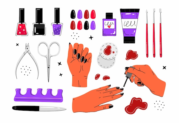 Grande conjunto com acessórios de manicure e pedicure em estilo cartoon