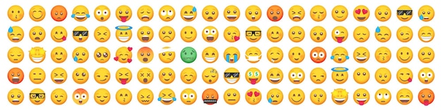 Vetor grande conjunto de 100 ícones de sorriso emoticon. conjunto de emoji dos desenhos animados.