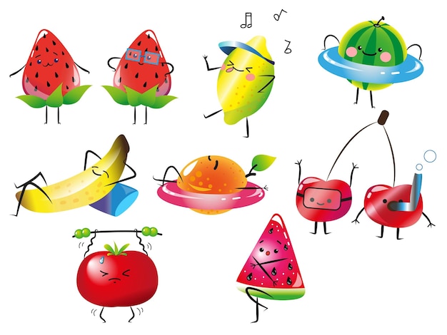Grande conjunto de adesivos de arte vetorial frutas fofas de férias em ilustrações de clipart de verão