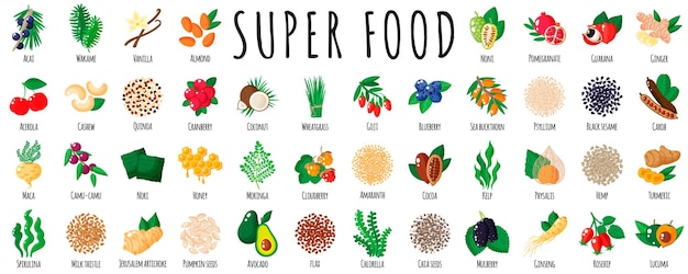 Grande conjunto de alimentos super saudáveis a. coleção de alimentos de desintoxicação antioxidante de vitamina natural. ilustração isolada dos desenhos animados.