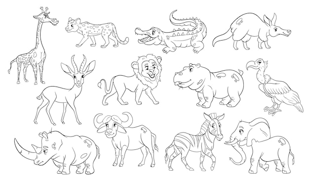 Vetor grande conjunto de animais africanos. personagens animais engraçados em estilo de linha. ilustração infantil. coleção de vetores.