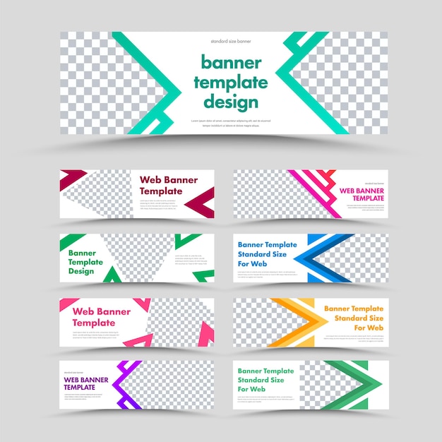 Grande conjunto de banners web horizontais brancos com setas, triângulos e lugar para foto. Tamanho padrão para publicidade.