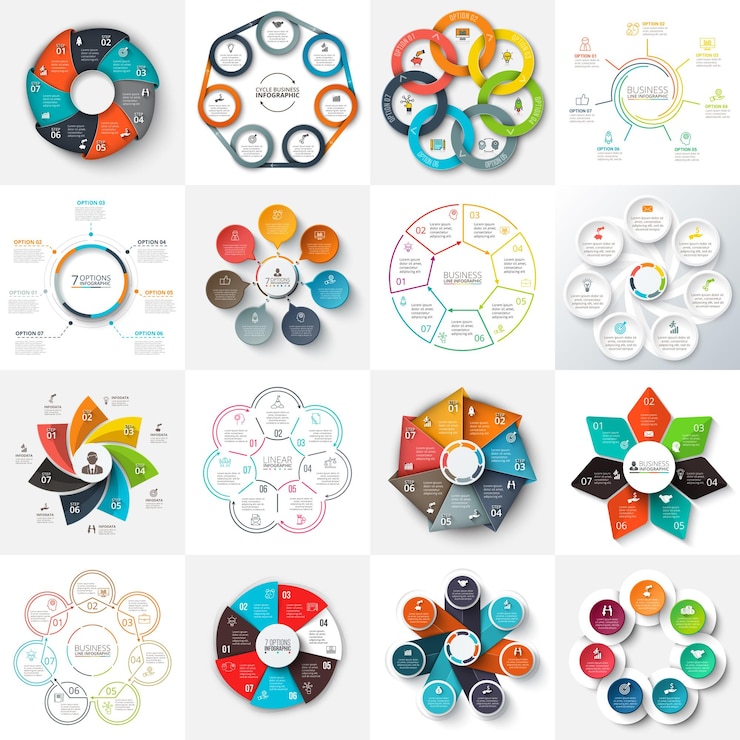 Vetor grande conjunto de círculos de heptágonos vetoriais e outros elementos para infográfico com 7 opções