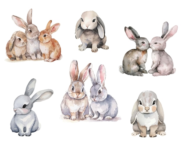 Vetor grande conjunto de coelhos aquarelados coelhos bonitos em um fundo isolado símbolo da páscoa aquarela