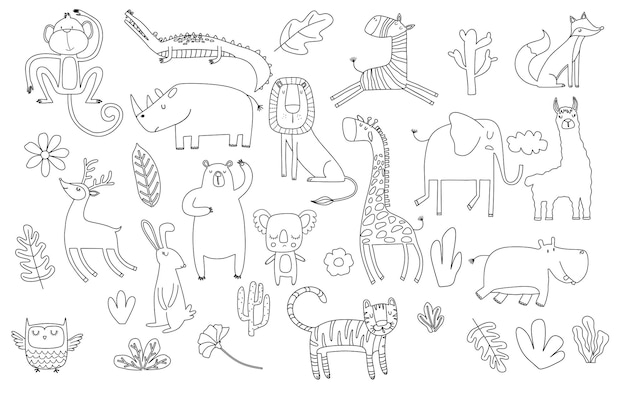 Grande conjunto de desenhos animados de animais fofos doodle