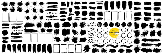 Vetor grande conjunto de elementos de pincelada preta pincel círculo moldura grunge coleção de pincelada pinceladas de tinta grunge