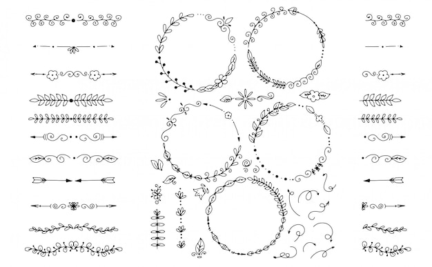 Grande conjunto de elementos decorativos desenhados à mão