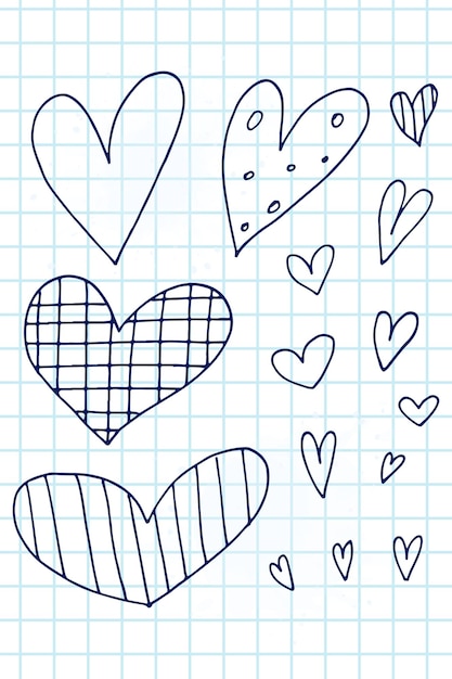 Vetor grande conjunto de elementos fofos de doodle desenhados à mão sobre amor adesivos de mensagens para aplicativos ícones para eventos românticos do dia dos namorados e casamento um caderno quadriculado corações com listras e textura