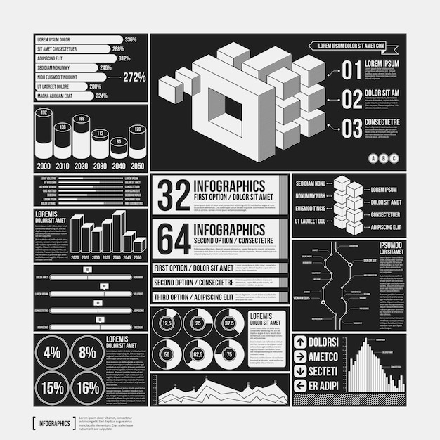 Grande conjunto de elementos infográficos em cores preto e branco. design monocromático. estilo minimalista.