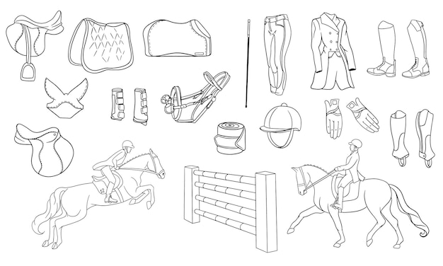 Vetor grande conjunto de equipamentos para o cavaleiro e munições para o cavaleiro do cavalo na ilustração do cavalo em livros para colorir de estilo de linha. sela, manta, chicote, roupa, pano de sela, proteção.