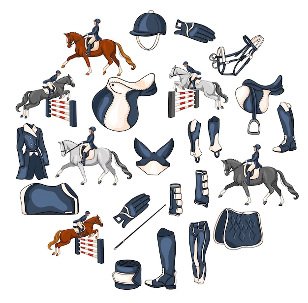 Grande conjunto de equipamentos para o cavaleiro e munições para o cavaleiro do cavalo na ilustração do cavalo no estilo cartoon. Sela, manta, chicote, roupa, pano de sela, proteção.