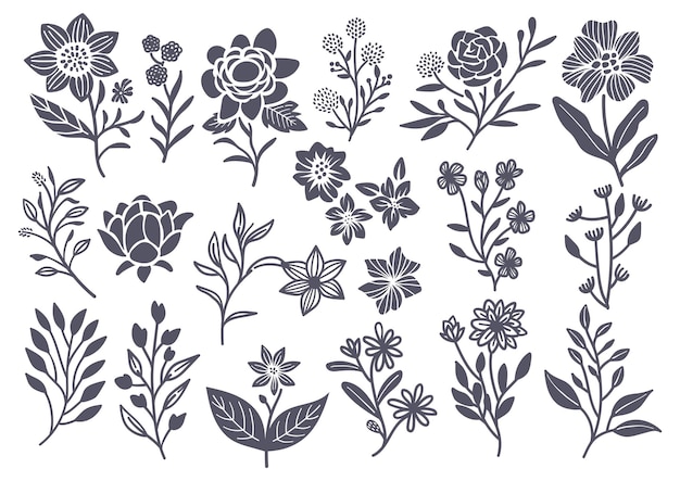 Vetor grande conjunto de flor botânica e elemento doodle de folha