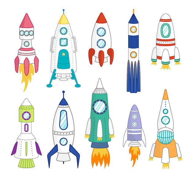 Vetor grande conjunto de foguetes coloridos clip art de foguetes espaciais color me ilustração vetorial isolada eps
