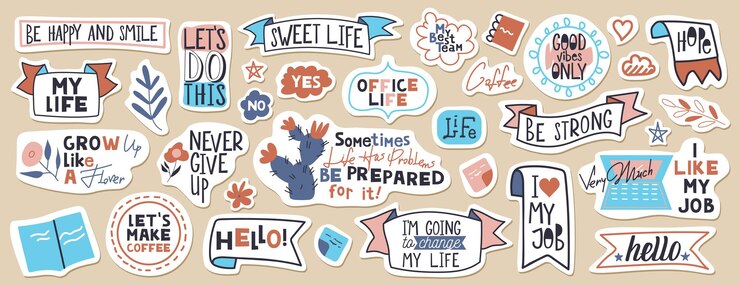 Grande conjunto de frases motivacionais, citações e adesivos. 33 objetos.