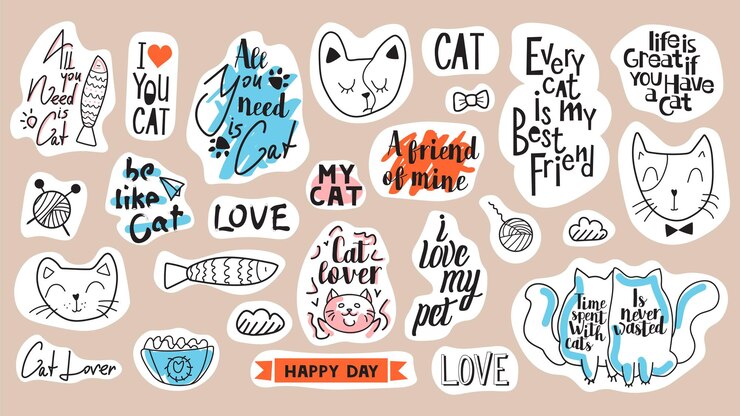 Grande conjunto de frases motivacionais, citações e adesivos. Conjunto de temas de gato