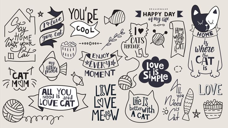 Grande conjunto de frases motivacionais, citações e adesivos. Tema do gato