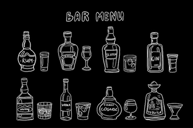 Grande conjunto de garrafas de álcool e copos em estilo doodle desenhado à mão isolado em fundo preto