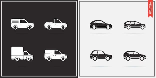 Grande conjunto de ícones de carros vetoriais em preto e branco