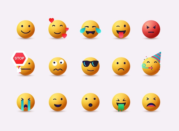 Vetor grande conjunto de ícones de sorriso de emoticons emoji de desenho animado conjunto 3d web ilustrações vetoriais