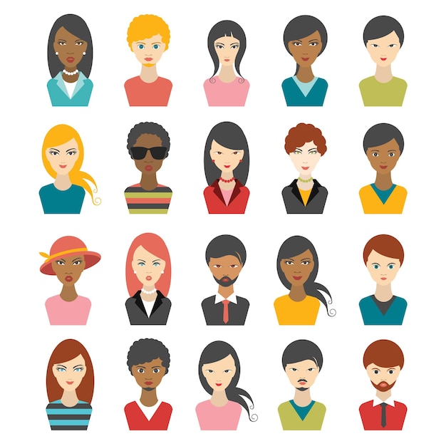 Grande conjunto de ilustrações de perfil avatr de cabeças de pessoas multicoloridas