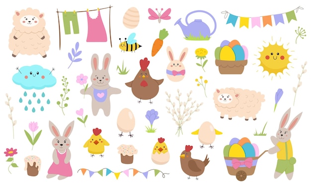 Vetor grande conjunto de ilustrações fofas para ovos de coelhinho da páscoa animais fofos e flores