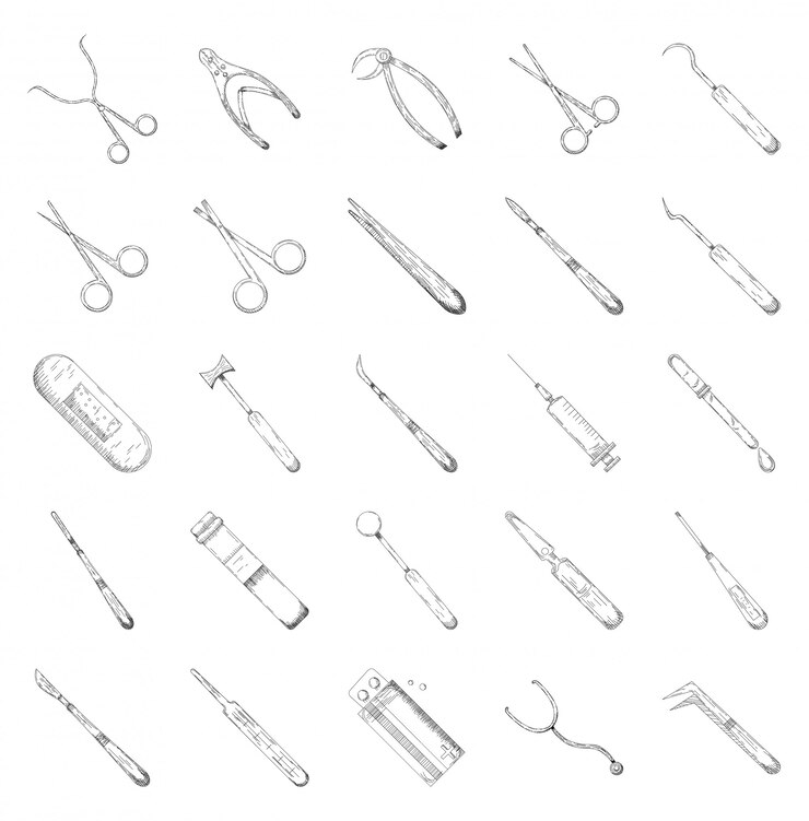 Grande conjunto de instrumentos médicos e equipamentos médicos. Coleção de ícones desenhados à mão, ferramentas médicas