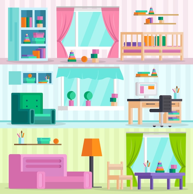 Grande conjunto de interior detalhado Sala de jogos infantil No design ortogonal de hoje