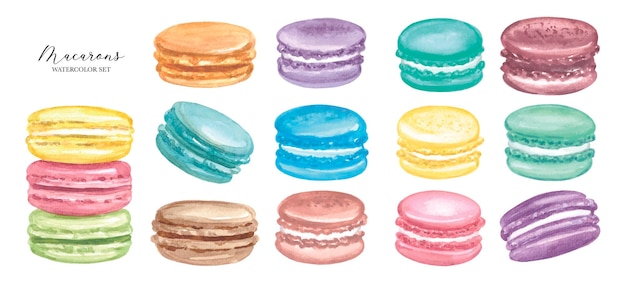 Grande conjunto de macarons coloridos em aquarela. ilustração vetorial