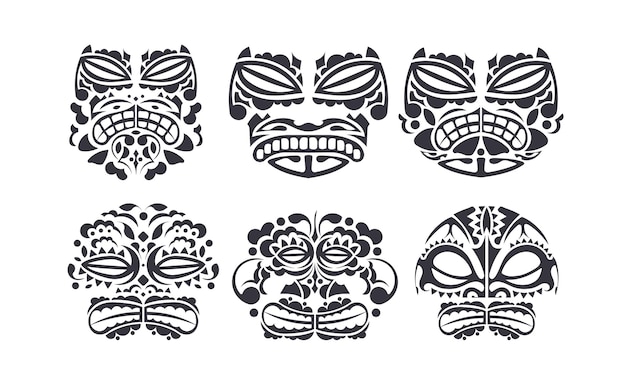 Grande conjunto de máscaras com padrão de cultura maori e polinésia rosto estilo de tatuagem polinésia tribal feito à mão ilustração vetorial