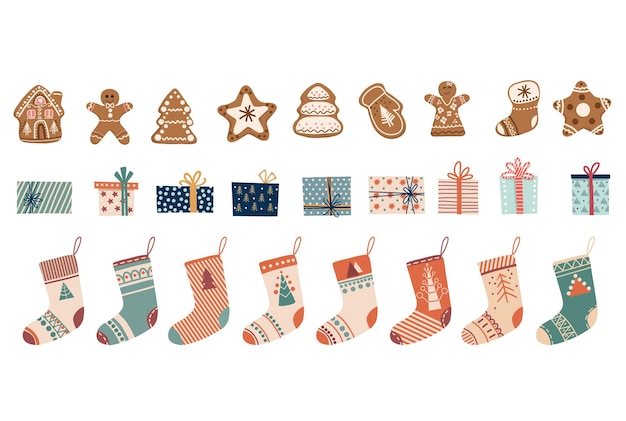 Grande conjunto de meias de Natal Presentes de Natal e biscoitos de gengibre Ilustração de elementos de Natal desenhados à mão