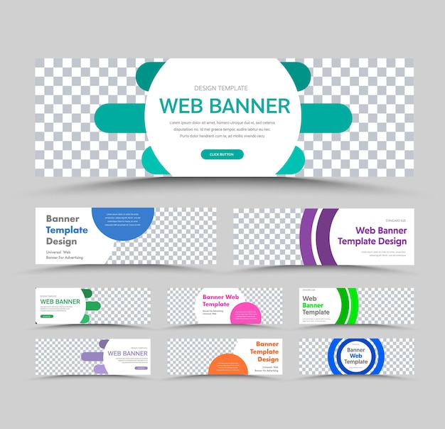 Grande conjunto de modelos de banners web horizontais brancos com elementos de design de cor circular e um lugar para uma imagem. tamanho padrão para publicidade.