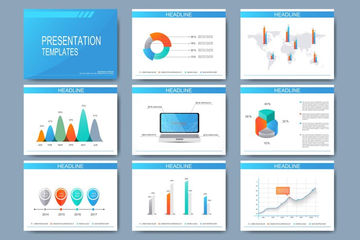 Grande conjunto de modelos de vetor para slides de apresentação. Design empresarial moderno com gráfico e tabelas