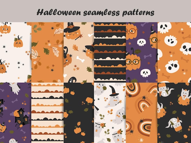 Vetor grande conjunto de padrões sem costura de halloween com abóboras e fantasmas ilustração vetorial para papel de embrulho e scrapbooking
