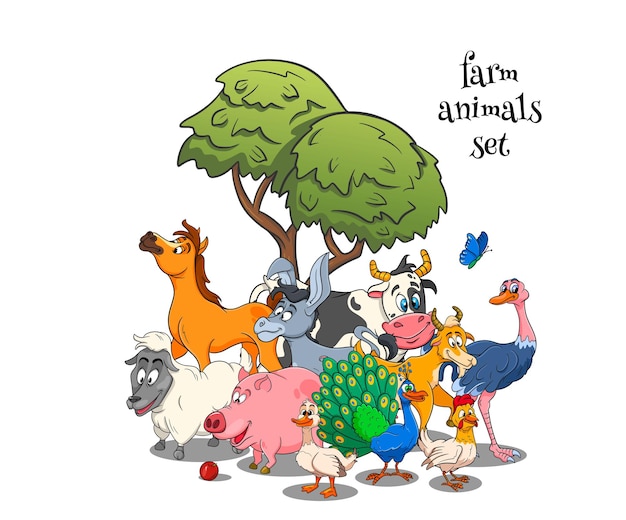 Grande conjunto de personagens de animais de fazenda de animais rurais dos desenhos animados. cavalo, porco, pato, galinha, lebre, avestruz, vaca, cabra, pavão, burro, ovelha, cão. ilustração infantil. para decoração e design.