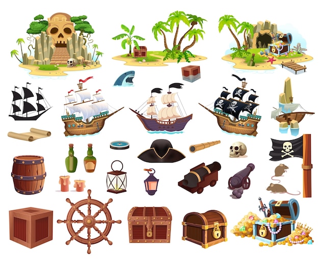 Grande conjunto de piratas com ilhas navios barris baús conjunto de elementos para o jogo vetor de desenho animado