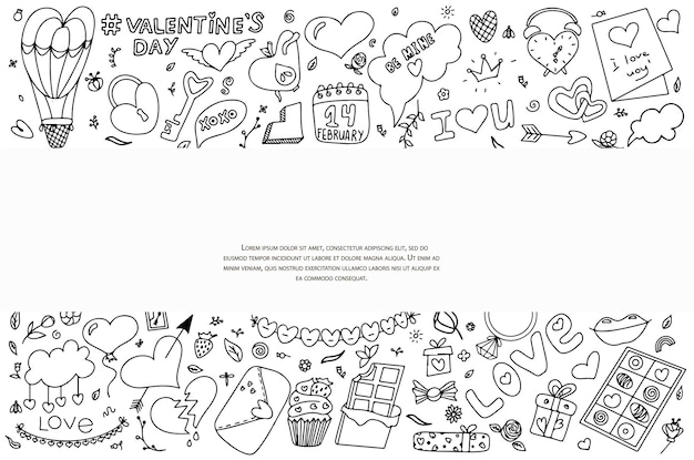 Grande conjunto de rabiscos de ícones para ilustração vetorial de dia dos namorados para o feriado em fevereiro...